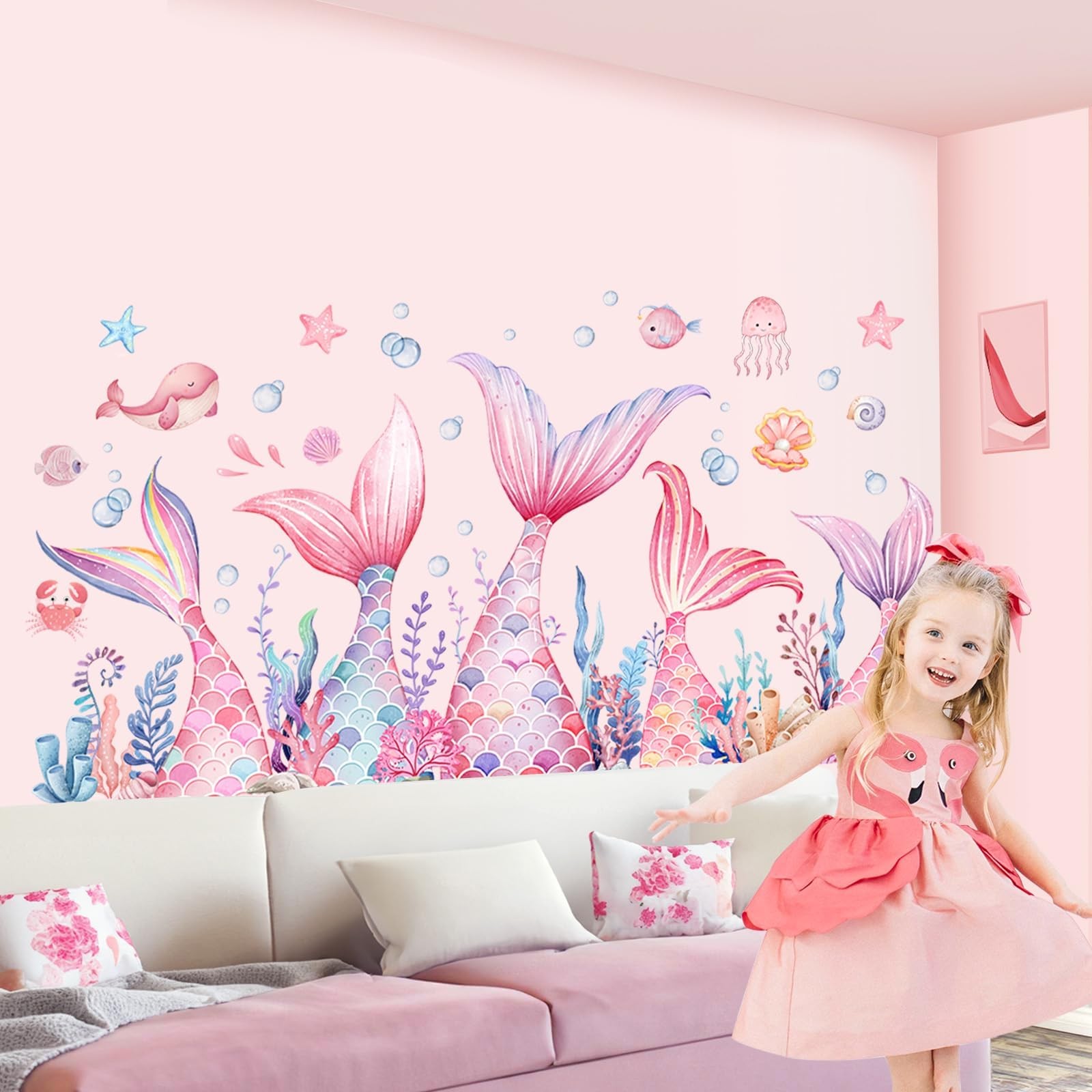 sunoyar Mermaid Wall Stickers for Girls, Pink | Peel and Stick Mermaid Wall A…