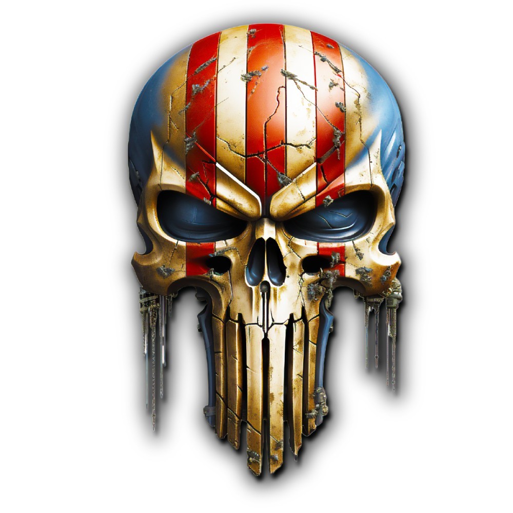 Red White & Blue Metal Look Skull 3D Art Shape Vinyl Sticker