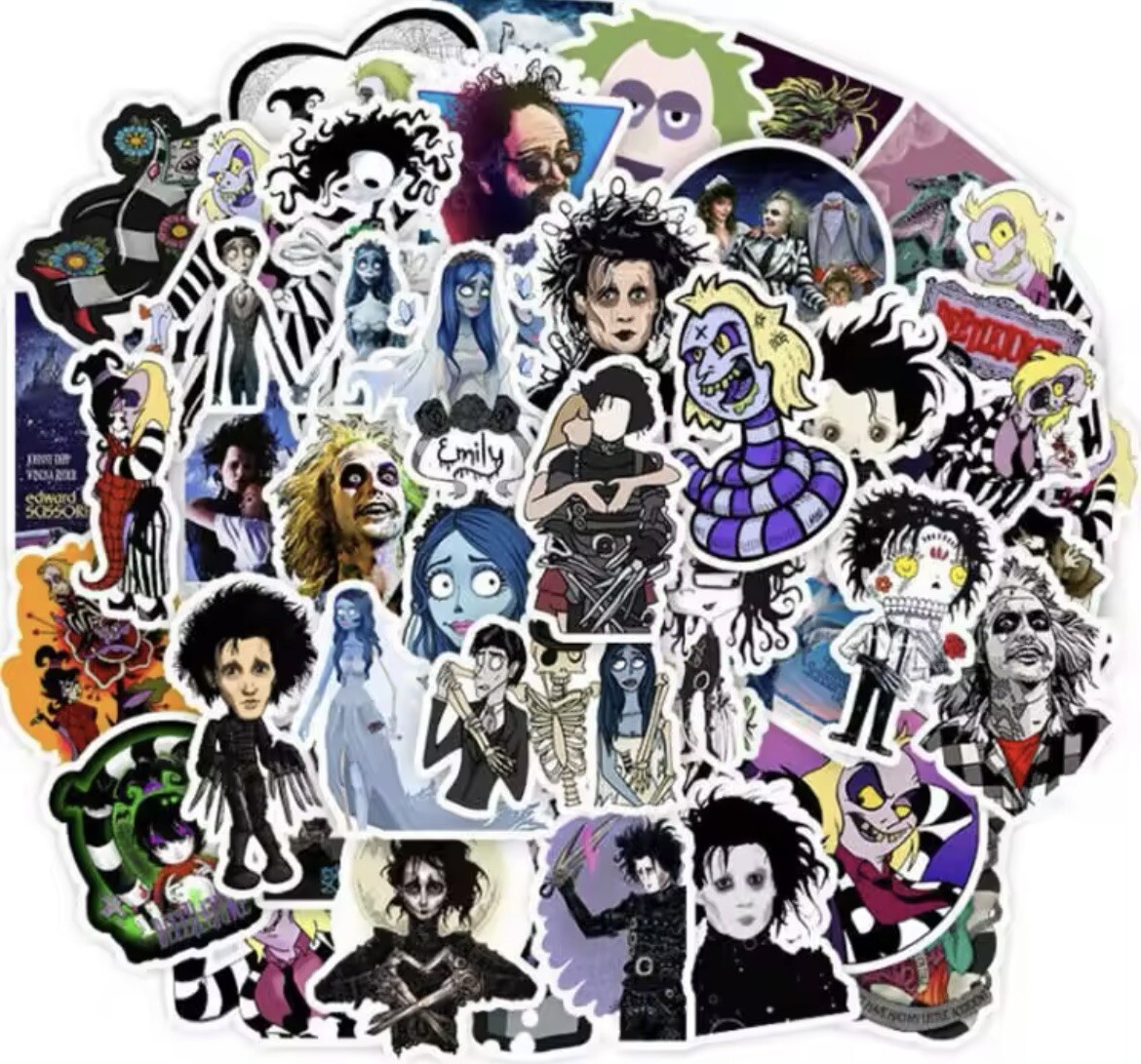 Tim Burton Stickers 50pk Beetlejuice Corpse Bride Mixed Spooky Character Sticker