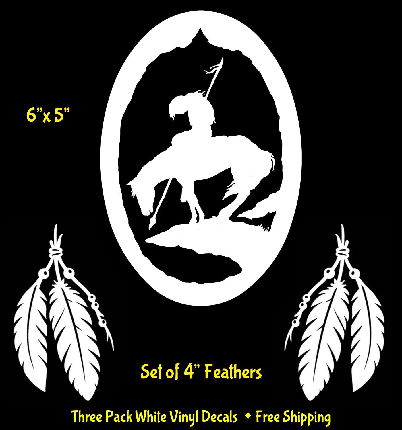 End of the Trail Native American & Two 4" Feathers White Vinyl Decals Window Car
