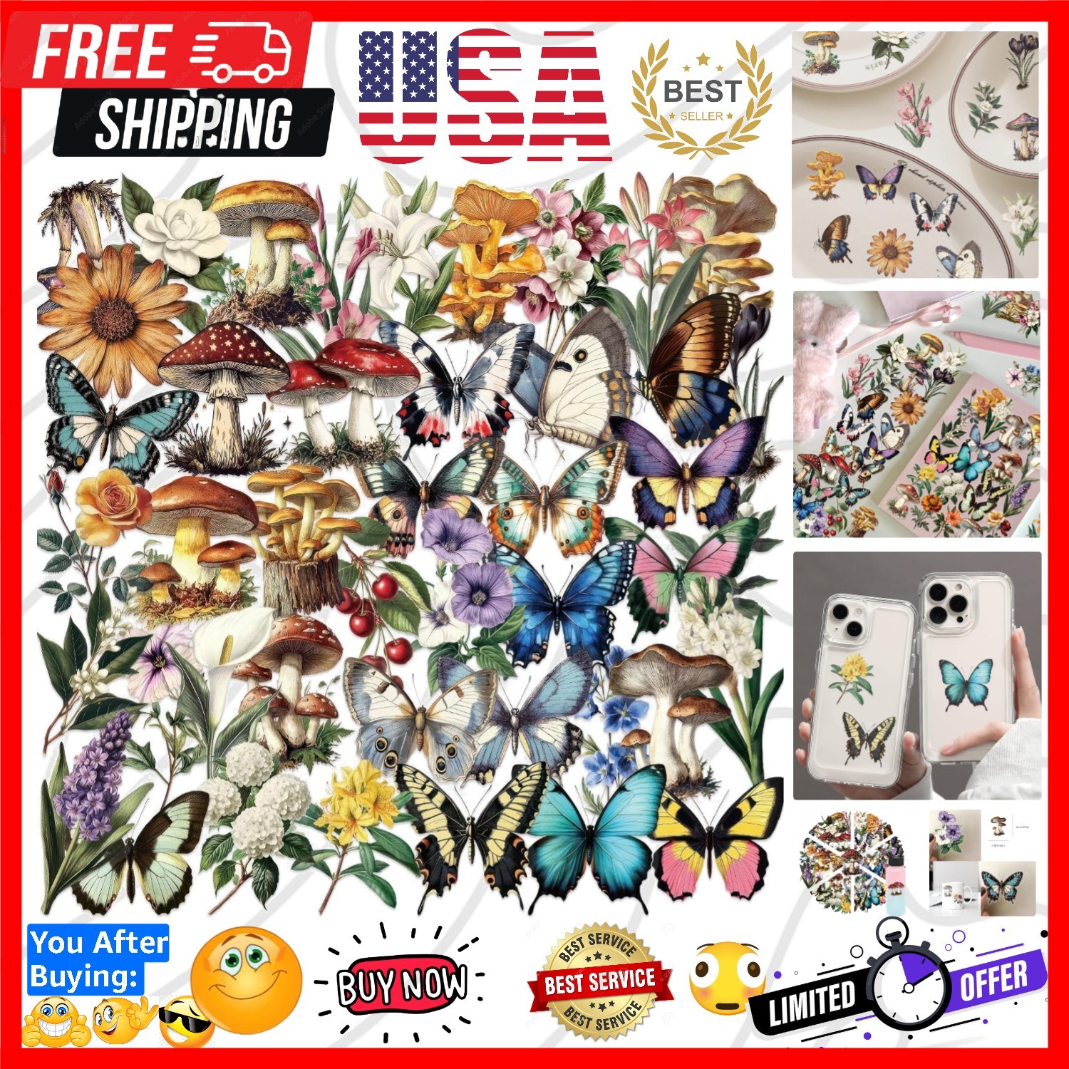 50 Pcs Colorful Butterfly Stickers, Aesthetic Retro Decals Transparent PET Wa…
