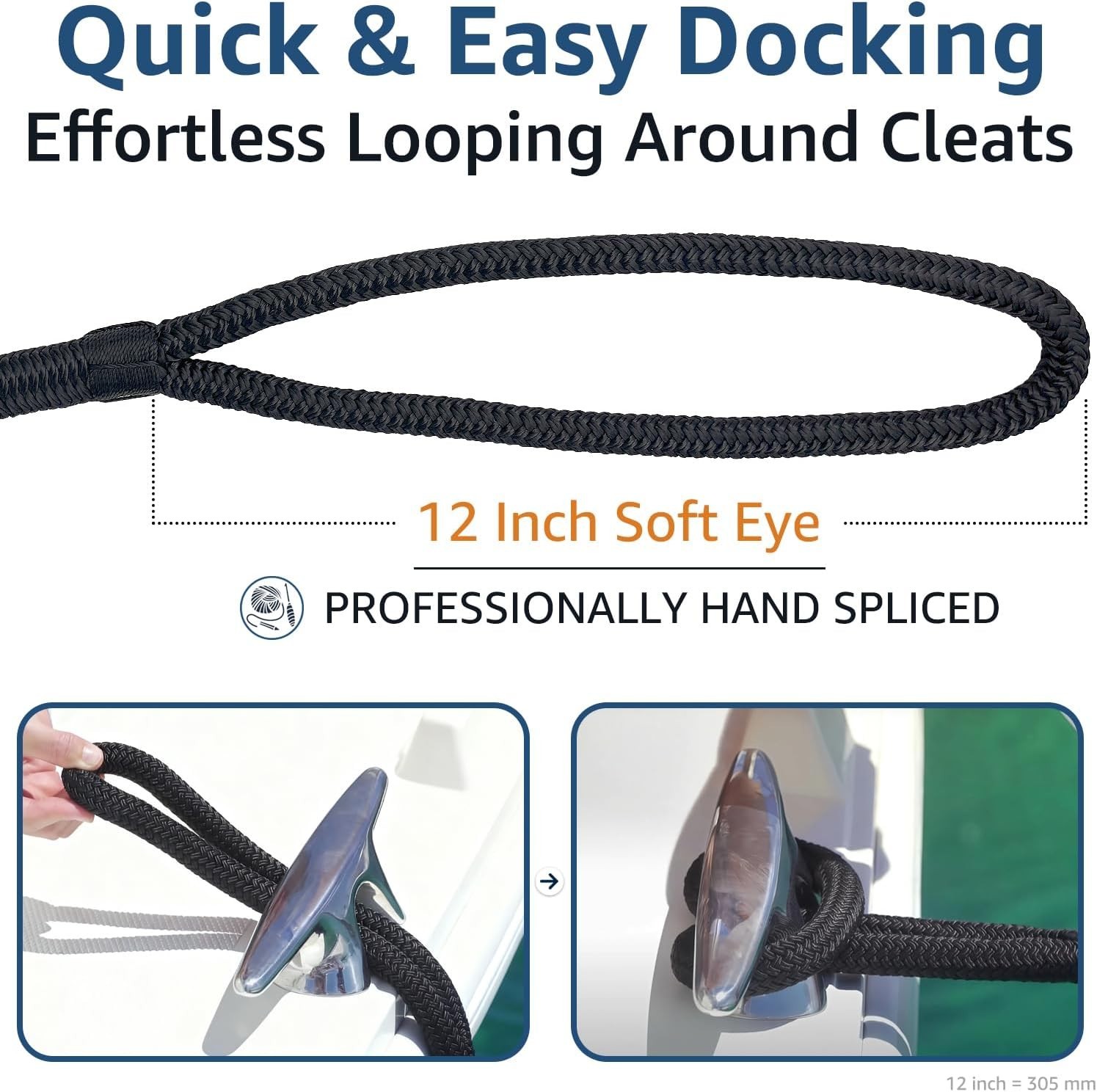 2 Pack 3/8" x 15' Dock Lines – Marine Grade Nylon Boat Rope with 12" Loop for…