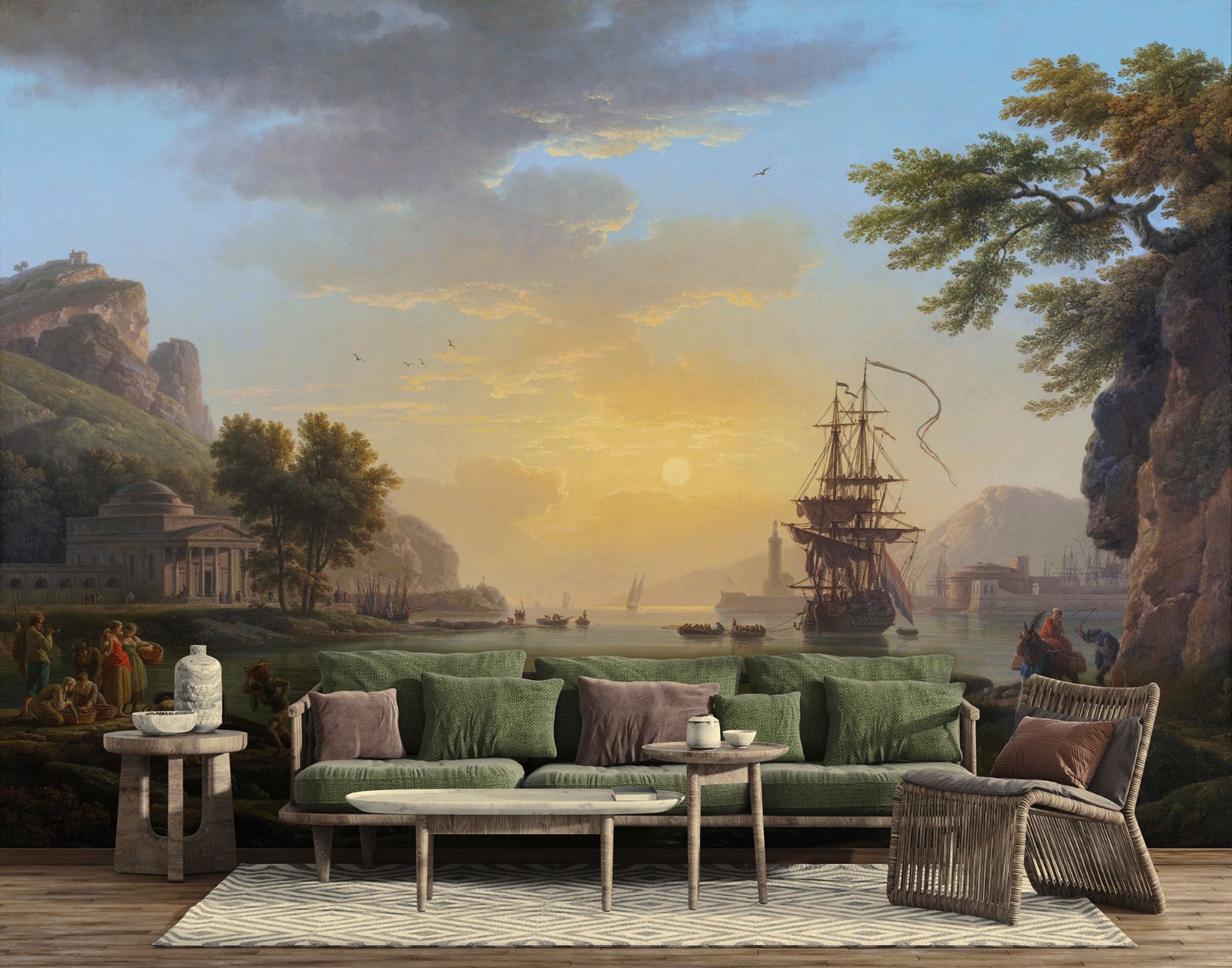 Sunset Coast & Sailboat Wallpaper, Classical Painting. Wall Decal, Tapestry