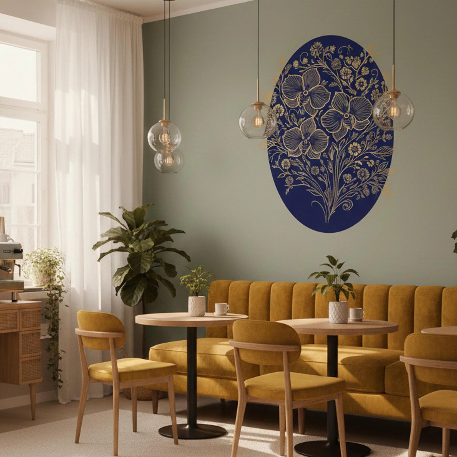 Gold Filigree Orchid Decal | Navy Blue Floral Mural