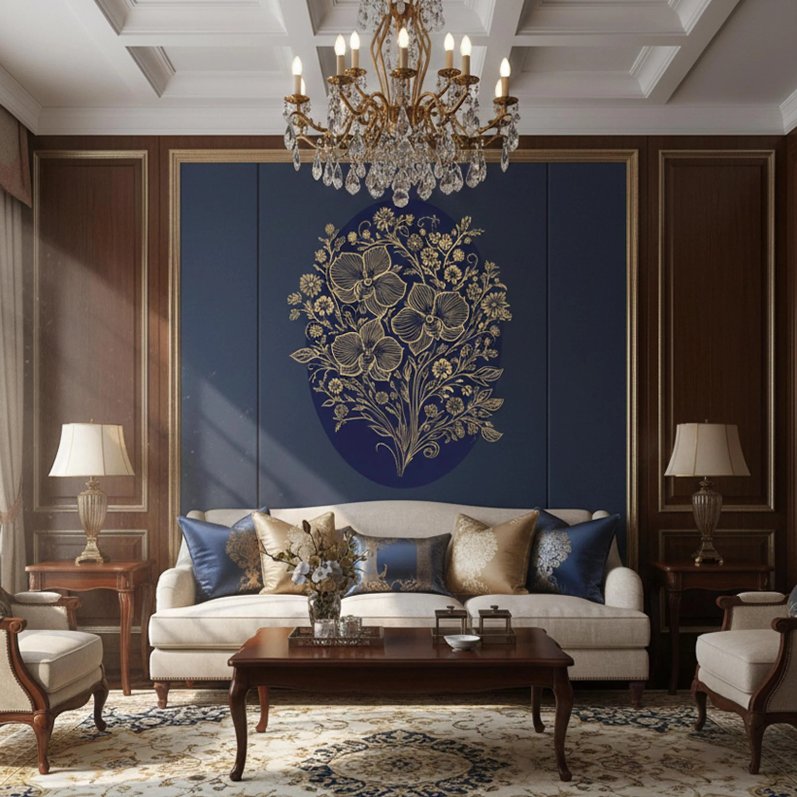 Gold Filigree Orchid Decal | Navy Blue Floral Mural