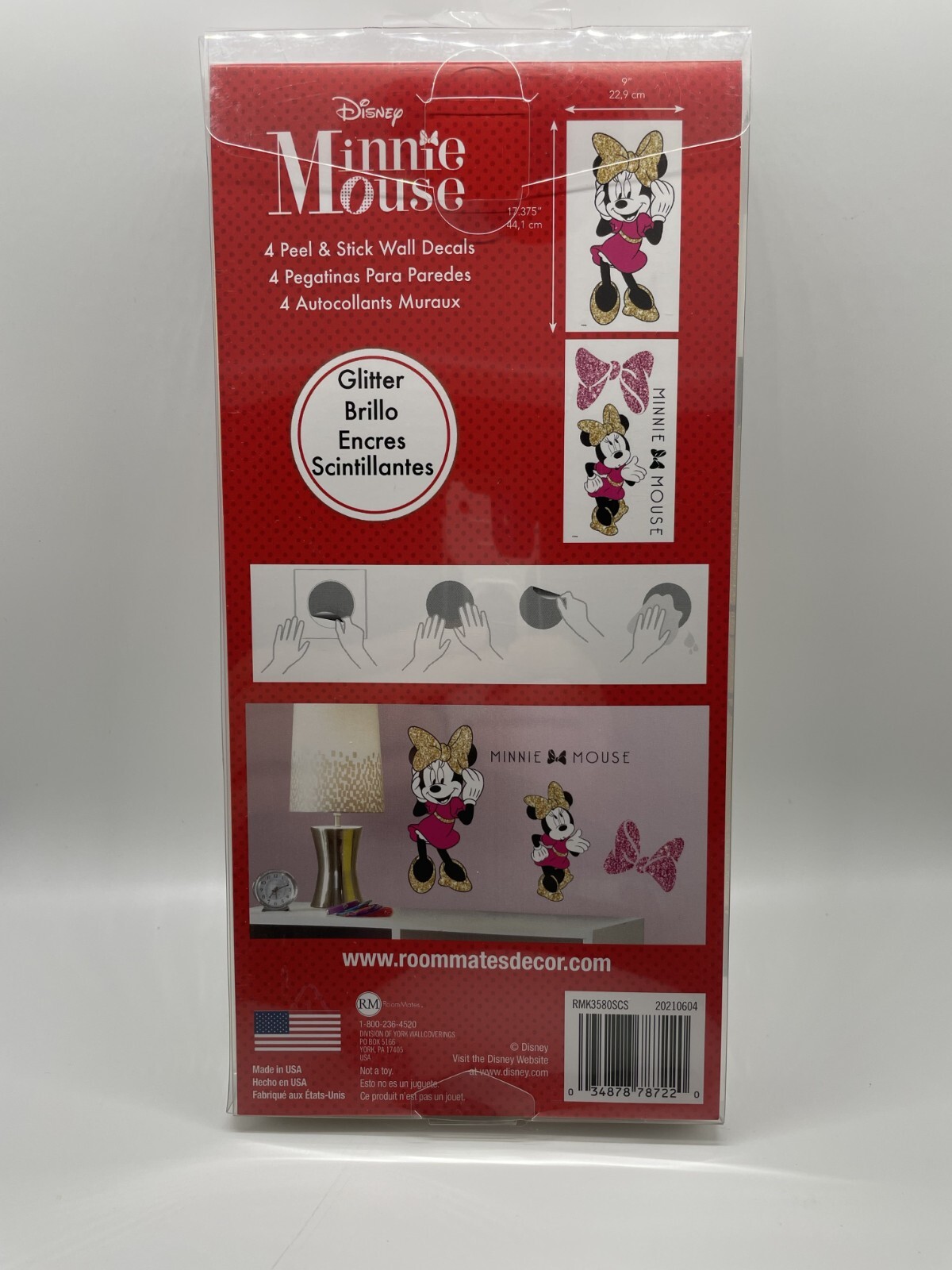 2-Pack RoomMates Disney Minnie Mouse 4 Piece Peel Stick Glitter Wall Decals