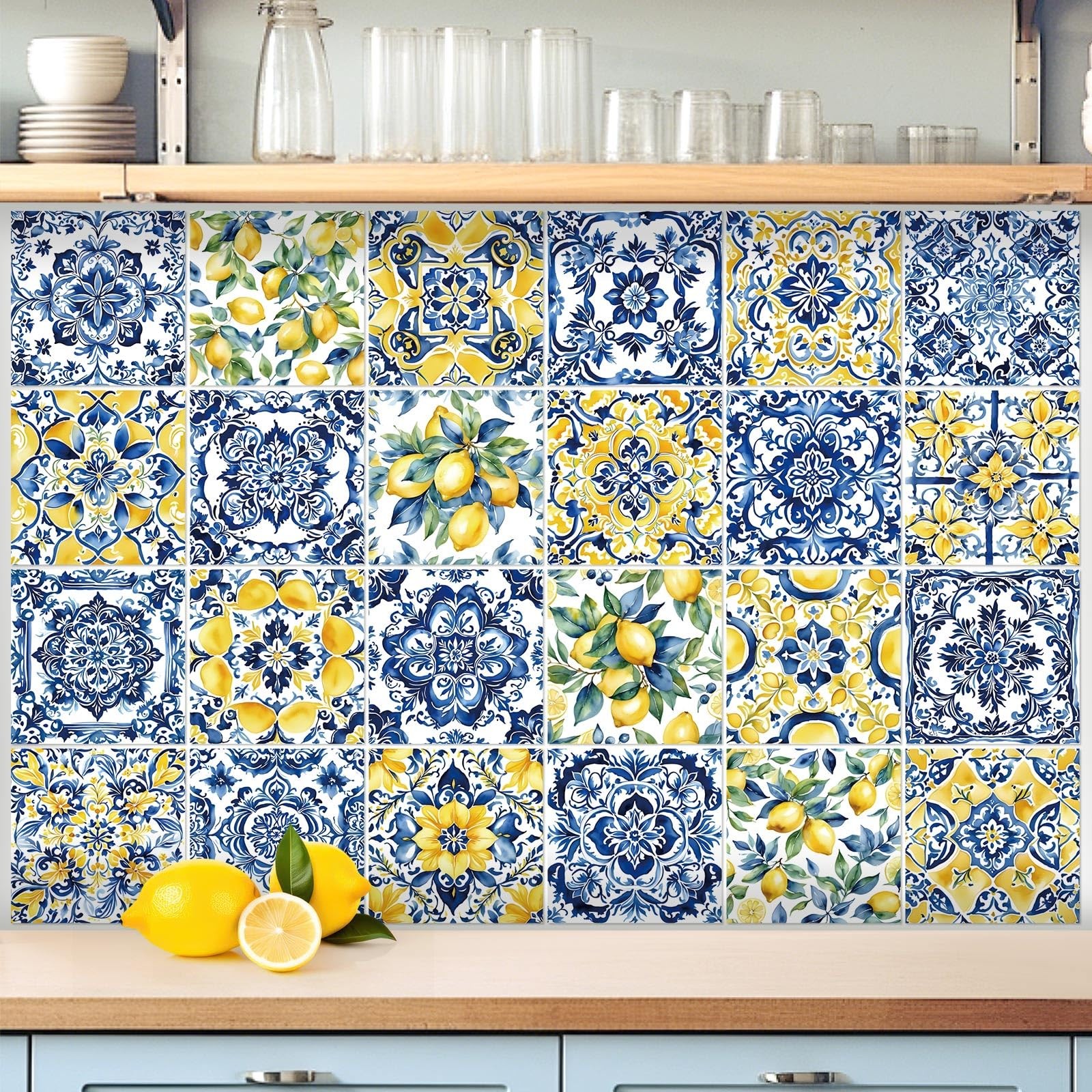 24 Pcs Lemon Tile Stickers 4×4 Inch Watercolor Mediterranean Lemon Summer Pee…