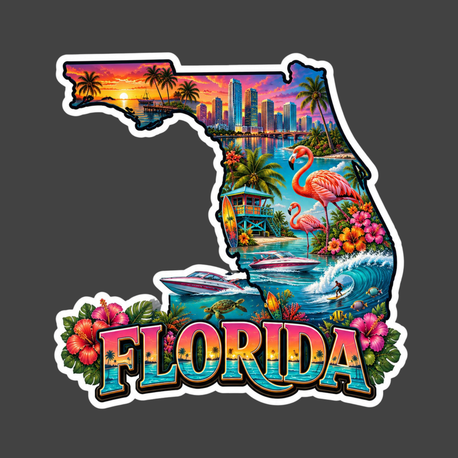 Florida Sticker Vinyl Decal State Map Flamingos Beaches Tropical Paradise