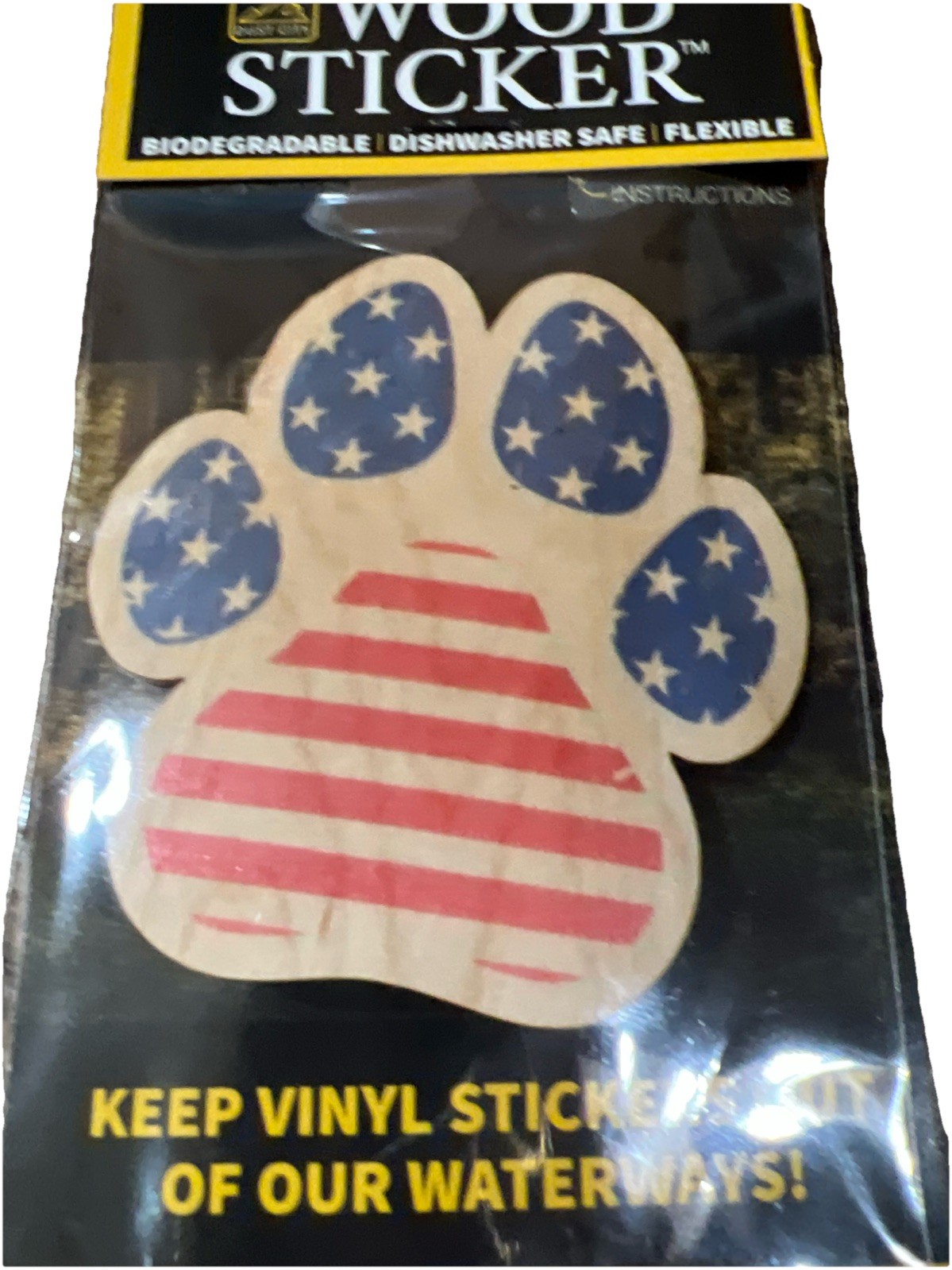 USA Flag Dog Paw WOOD Sticker 3M Dishwasher SAFE Biodegradable Dust City NEW