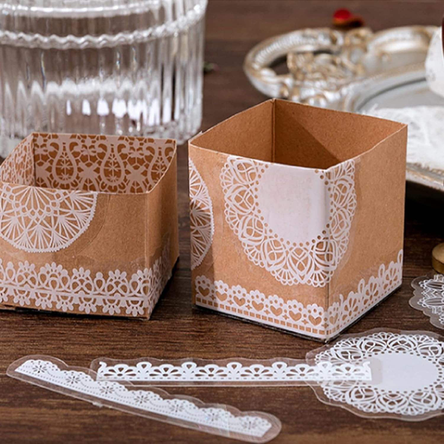 90 Pcs Transparent Lace Stickers,Pet Vintage Decorative DIY Decals White Retro A