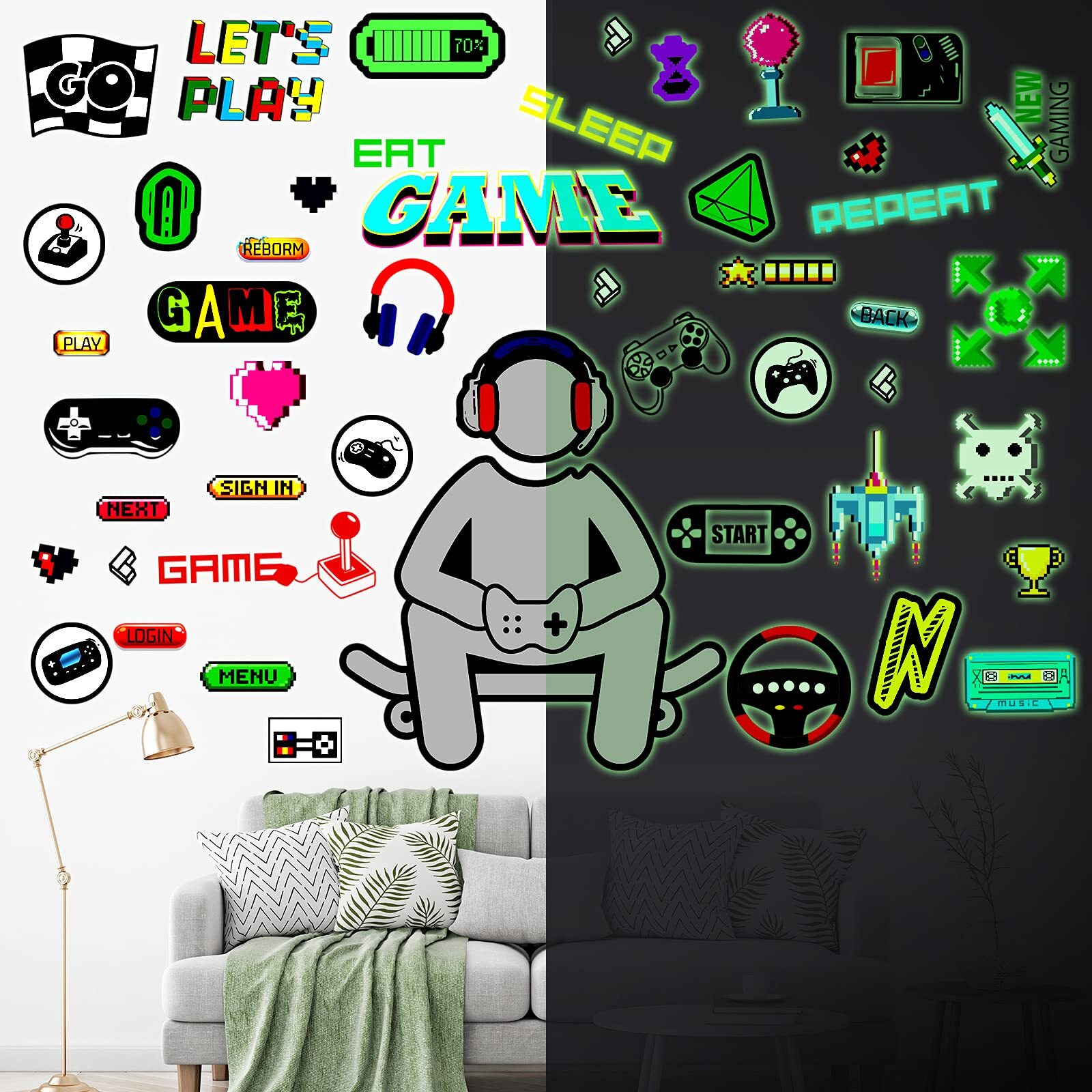 Glow In The Dark Game Wall Decal Video Game Controller Wall Decor for Boys Room