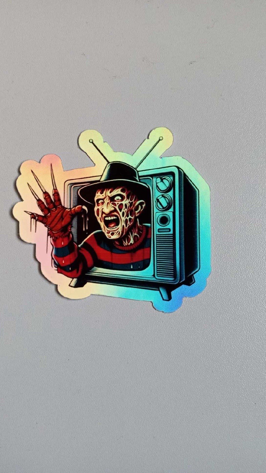 Freddy Krueger Horror retro TV set 3 inch waterproof holographic sticker