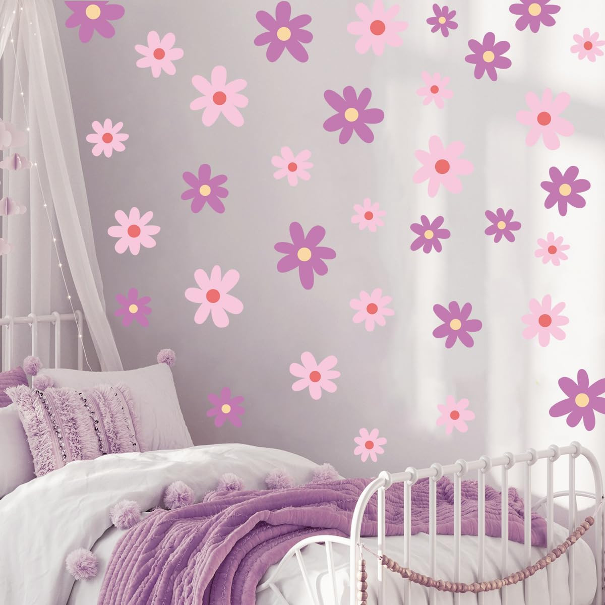 Pink Purple Daisy Flower Wall Art Stickers – Floral Decals for Nursery