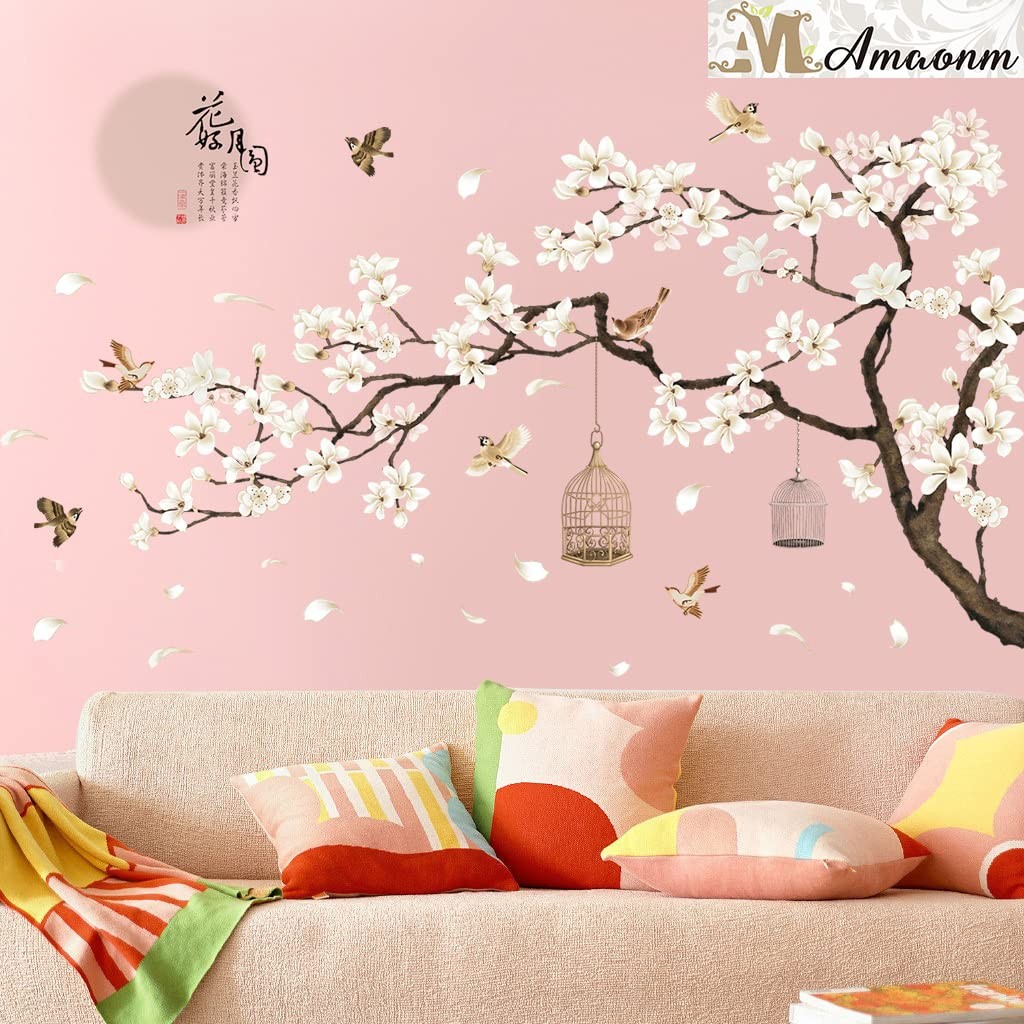 Amaonm Chinese Style White Flowers Black Tree and Flying Birds Wall Stickers Rem