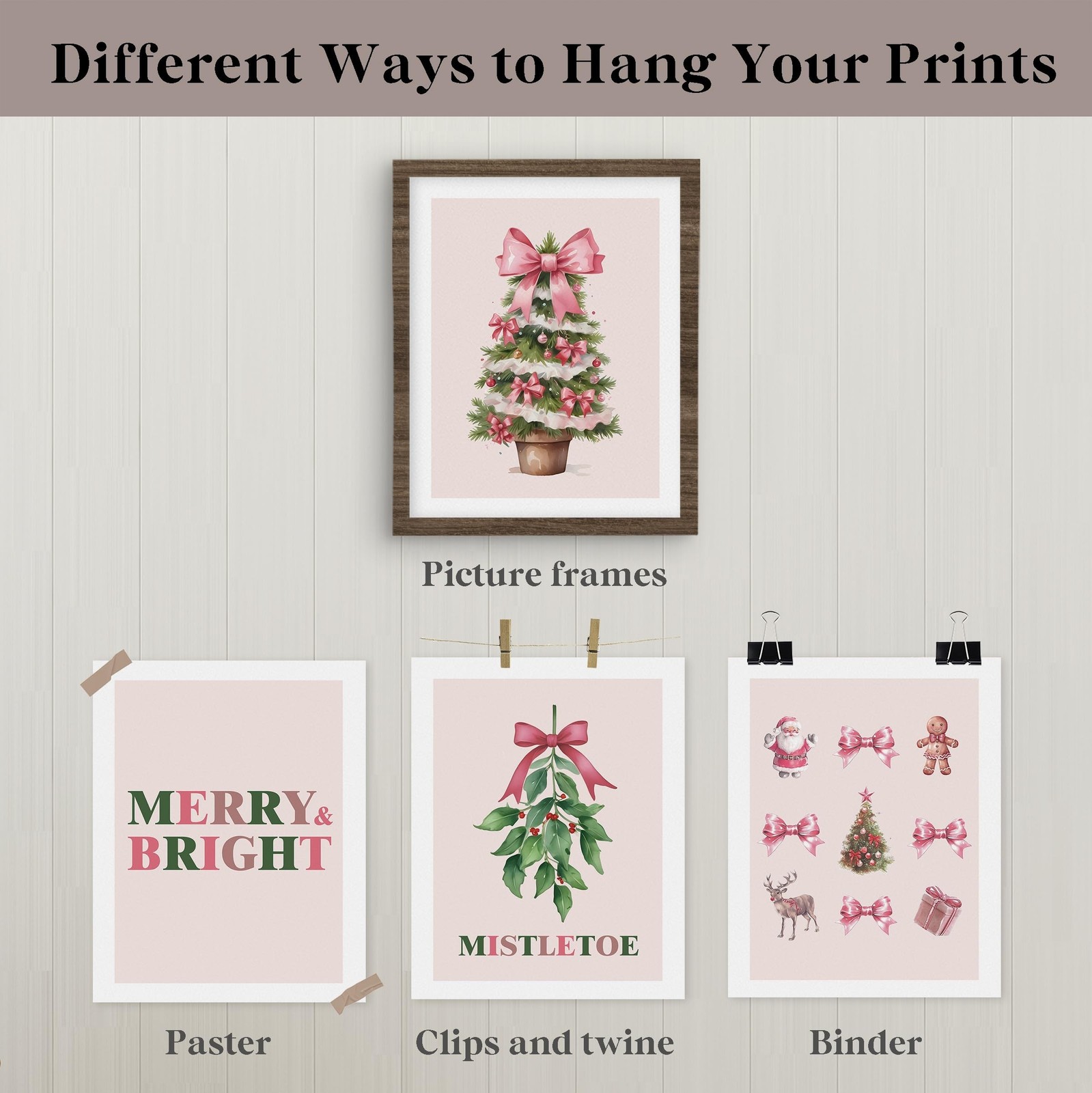 QLMX Coquette Pink Christmas Wall Art Prints Set of 4, Mistletoe Wall Decor, …
