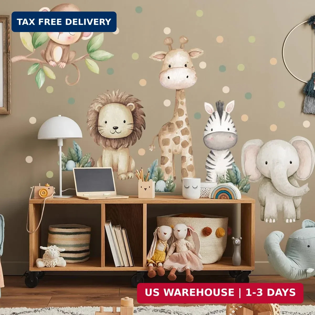 Safari Animals Nursery Wall Decal, Peel and Stick Nursery Mural Jungle Animals L