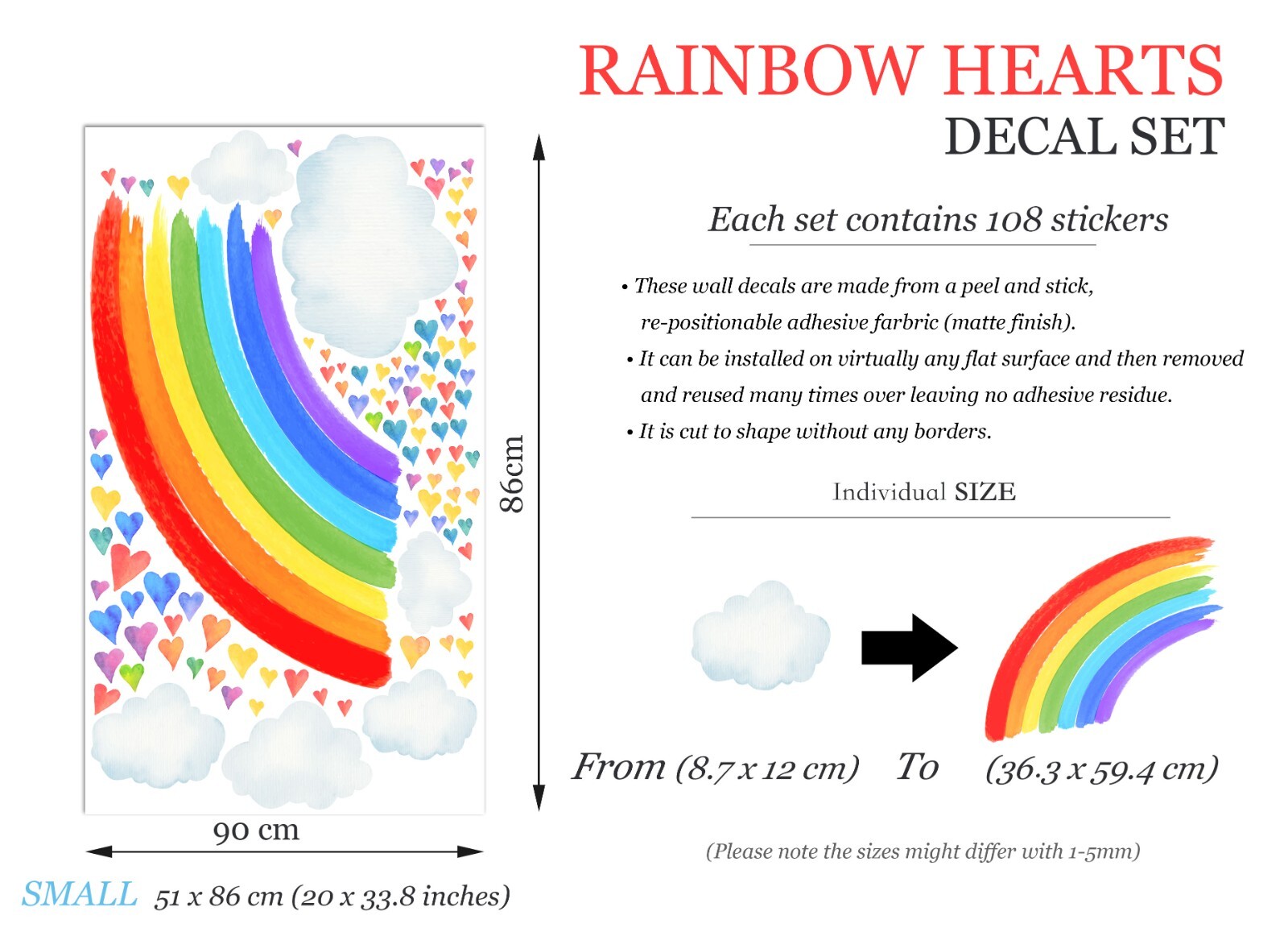 Watercolor Rainbow Colorful Hearts Removable Wall Fabric Decal Set Sticker
