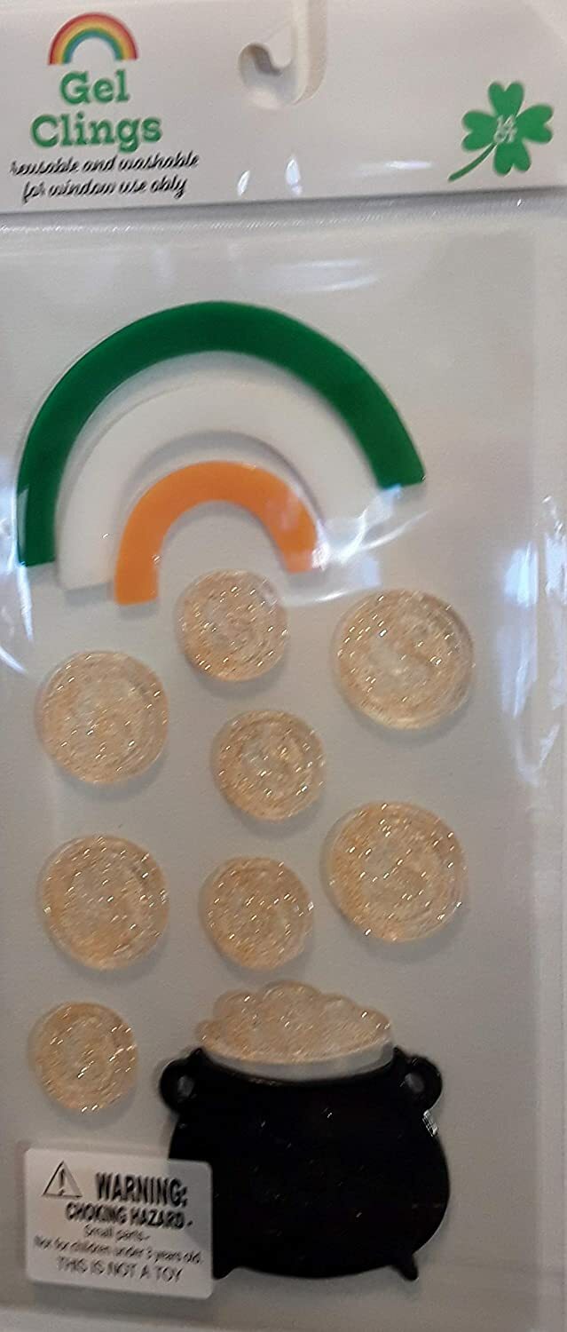 NEW Pot of gold LUCKY Rainbow Gold Glittery Coins Window Gel Clings 14 ct!