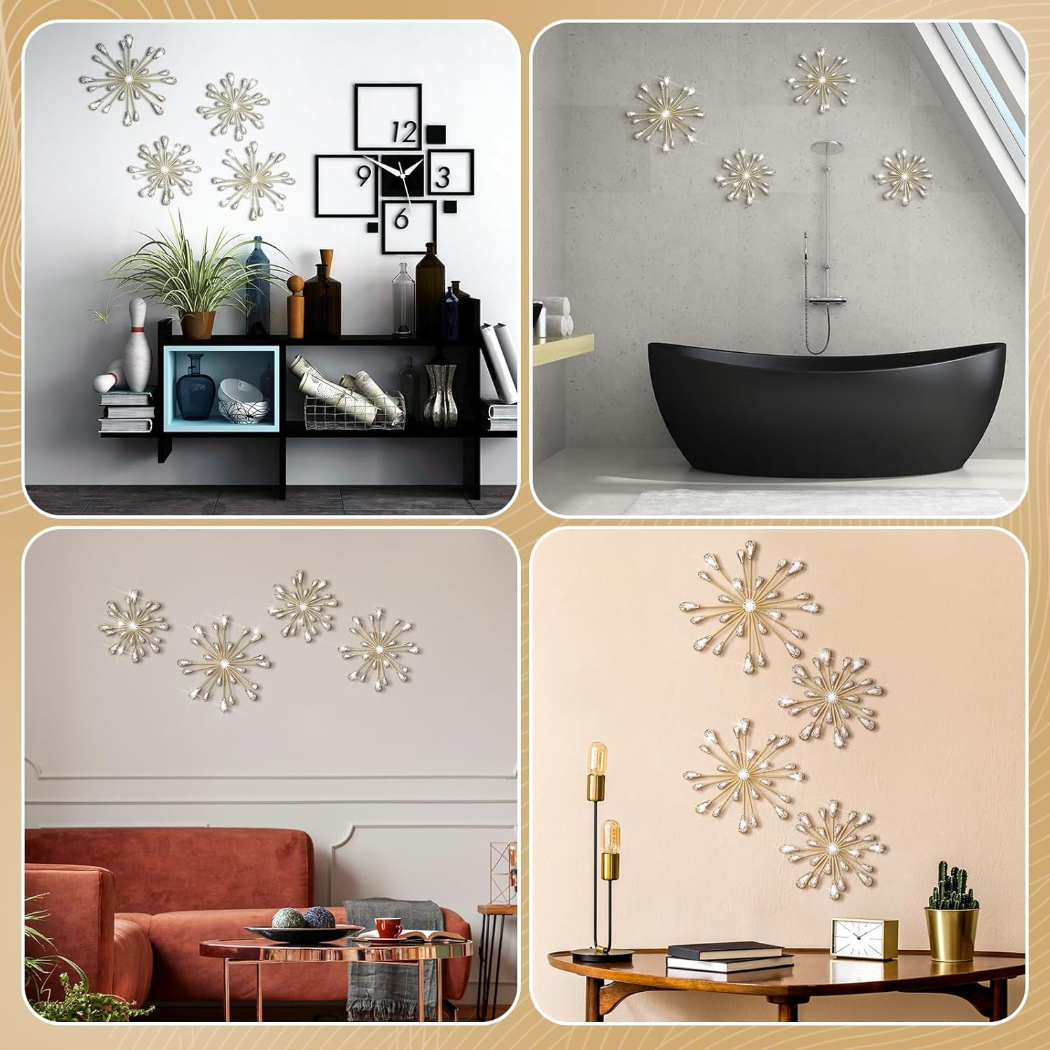 4 Pcs Starburst Wall Decor Bling Wall Art Crystal Teardrop 3D Hanging Rhinestone