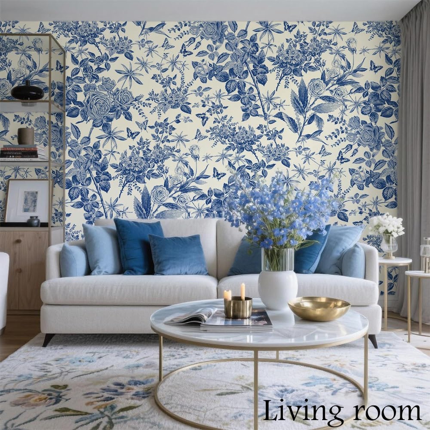 Blue Floral Peel and Stick Wallpaper, Removable Self-Adhesive Waterproof Cont…