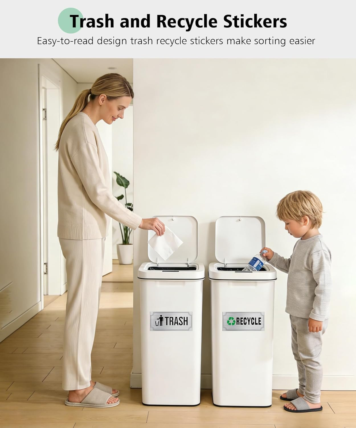 Waterproof Trash and Recycle Stickers – 8 Pack for Home and Office Use