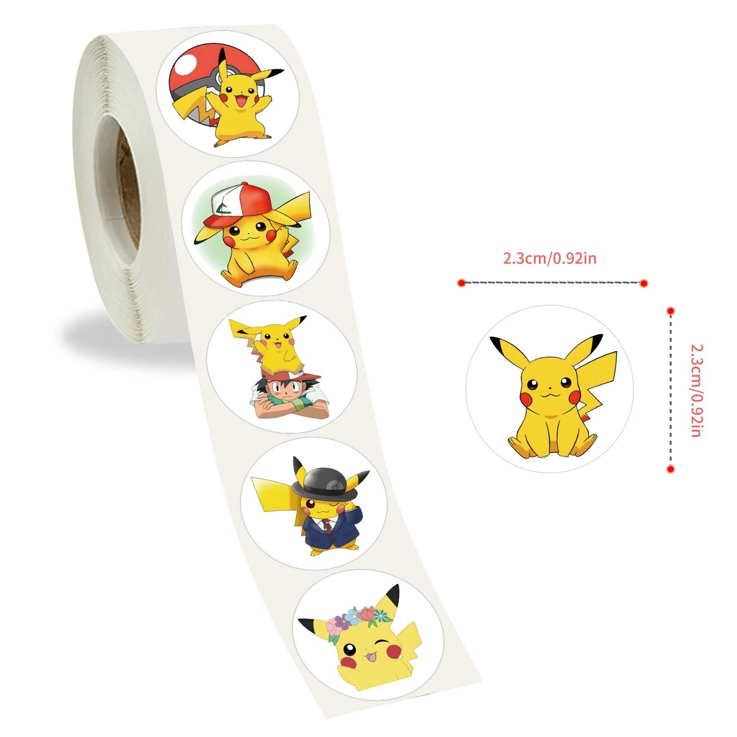 1000/500Pcs Electric Mouse Character Stickers Roll Kawaii Waterproof DIY Gift Ki