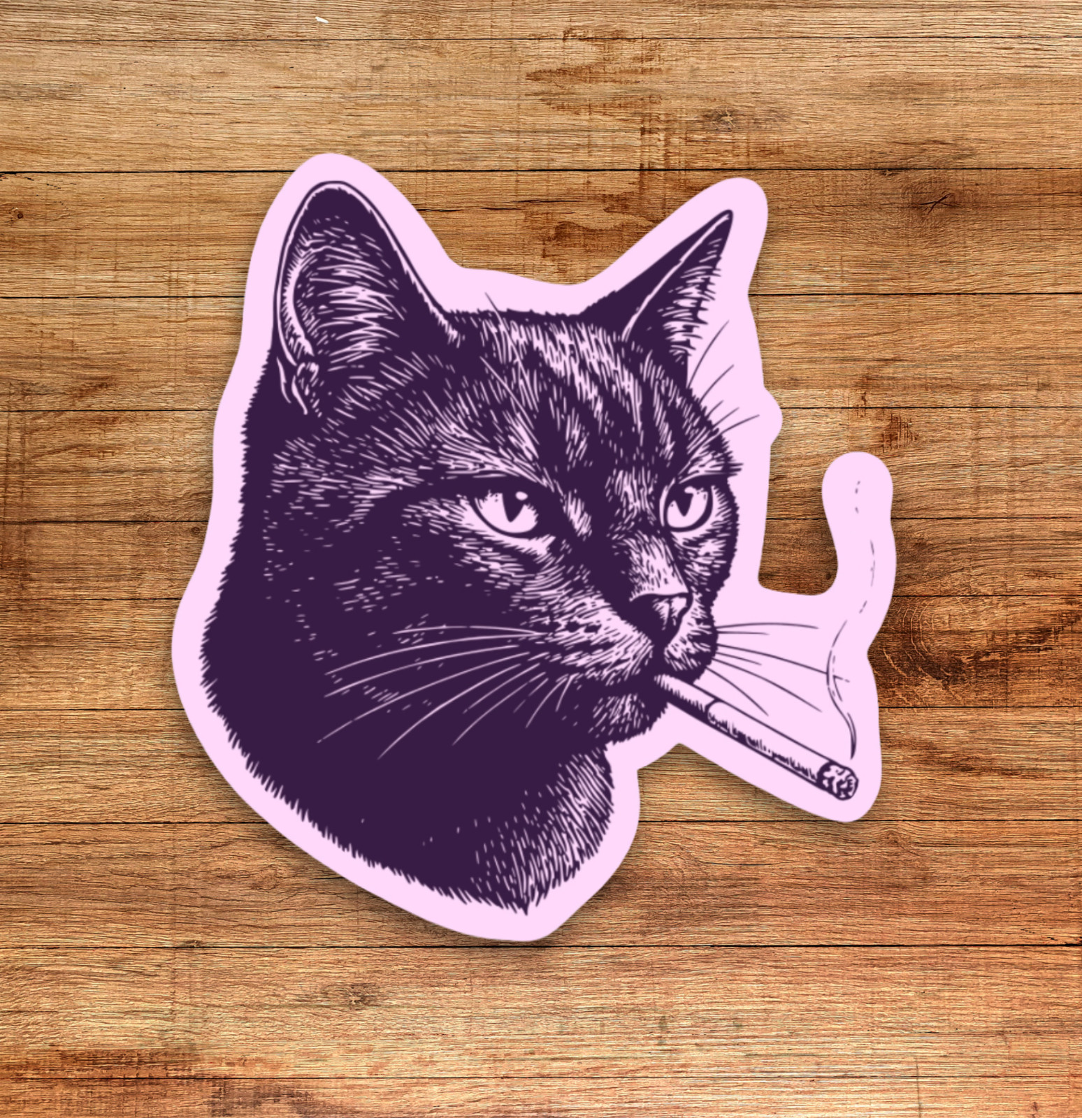 Cool Purple Cat Smoking – Fun Vinyl Die Cut Sticker, Waterproof Decal, Laminated