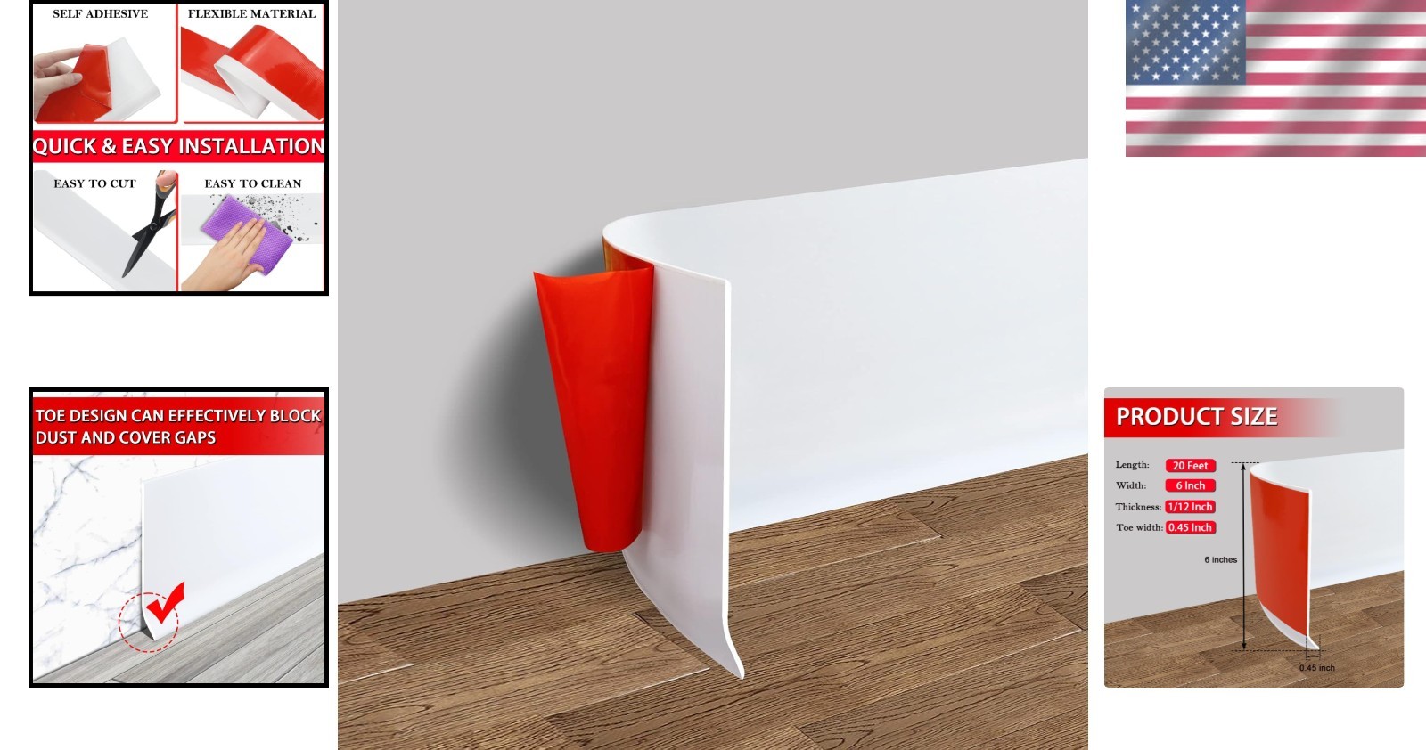 Flexible Peel and Stick Vinyl Baseboard, 6in x 20ft – White Decorative Molding