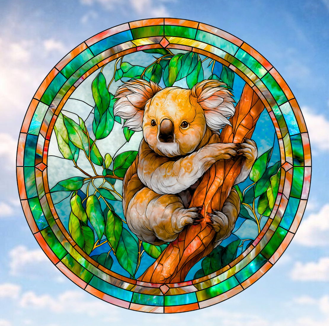 Koala Bear Faux Stained-Glass WINDOW CLING Size 8" Round Repositionable Vinyl