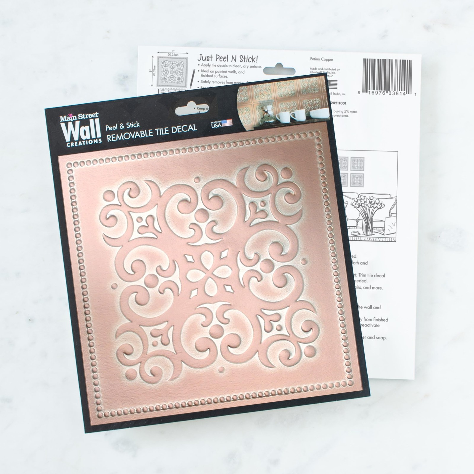 Main Street 24-Pack of 8 x 8" Wallpaper Tiles Peel and Stick in Metalic Patin…