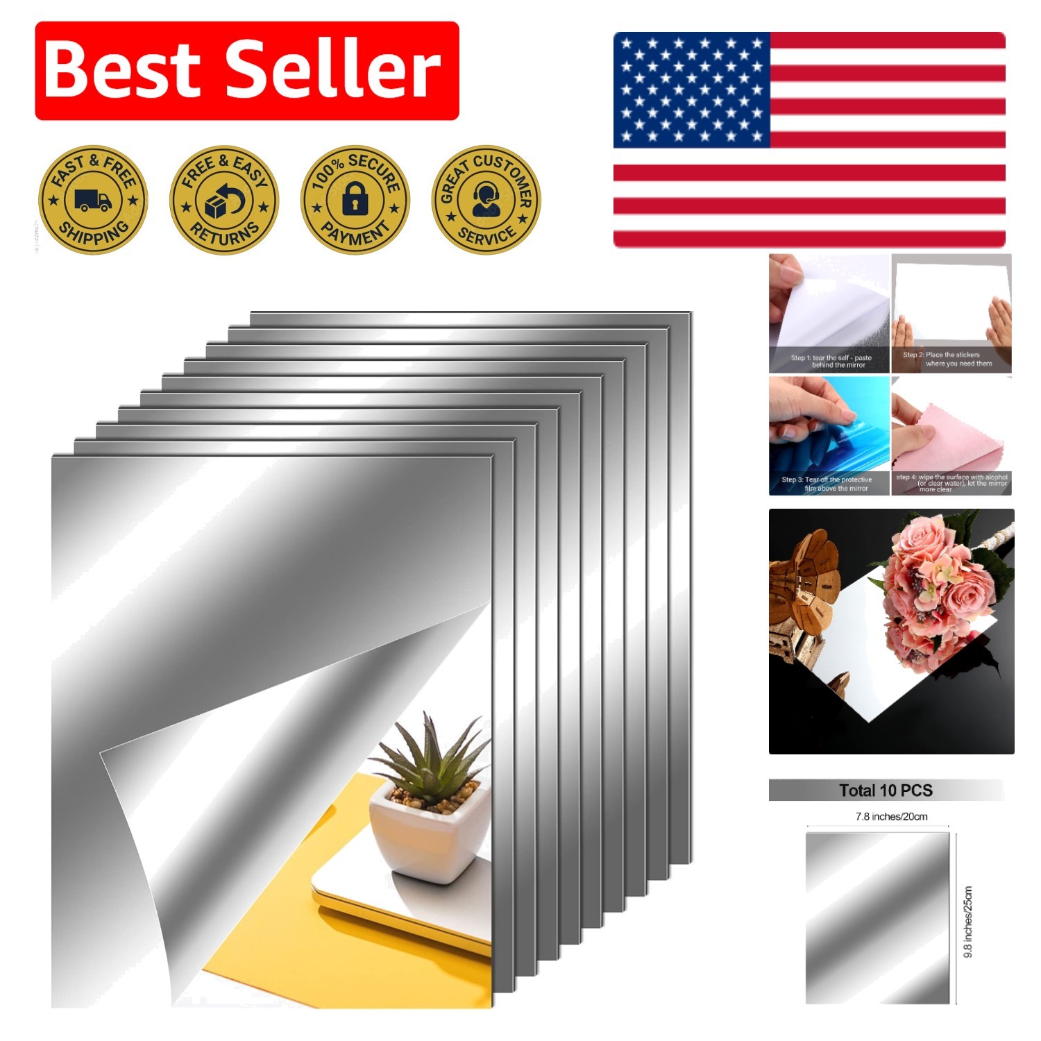 Customizable Self-Adhesive Mirror Tiles – 8×10 Inches, Perfect for Home Decor