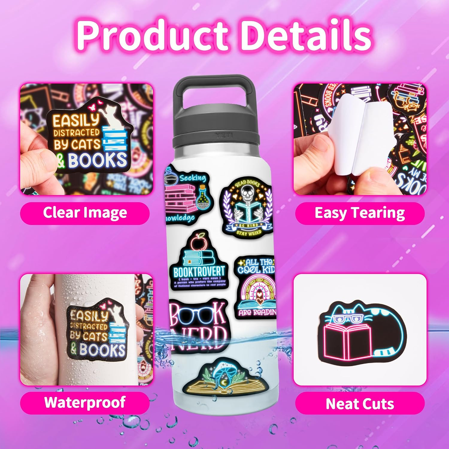 50 Pcs Kids Neon Book Stickers for Kindle, Vinyl Waterproof Bookish Water Bottle
