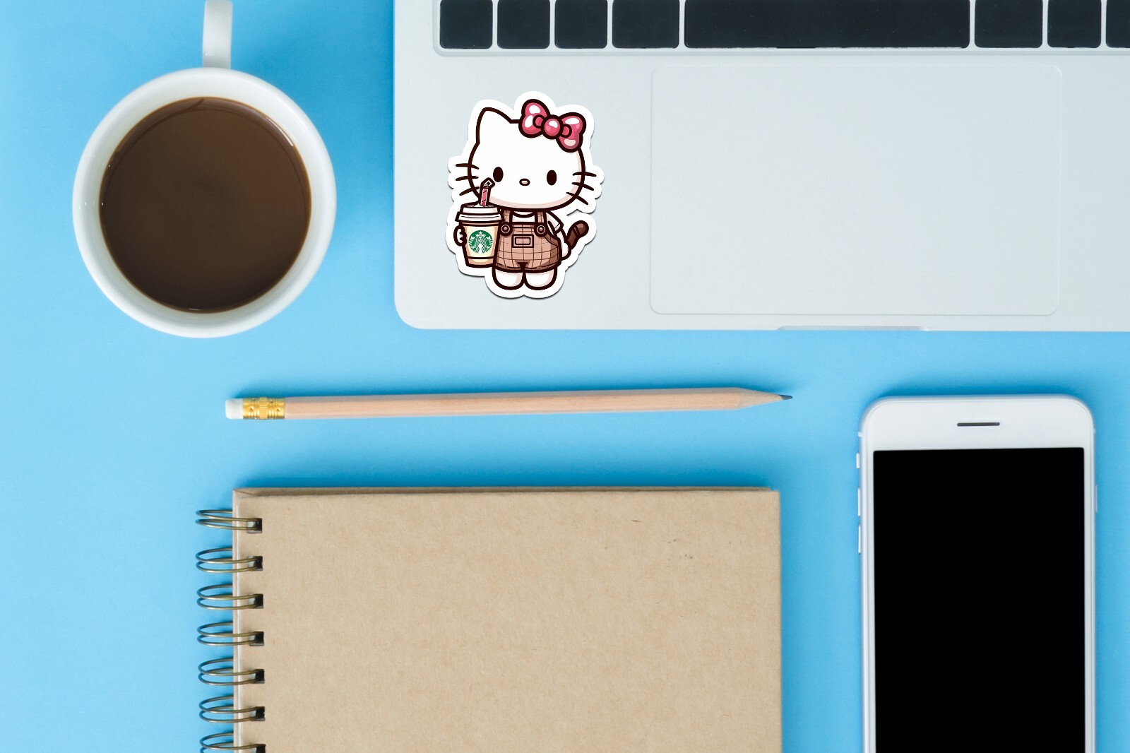 Kitty with Starbucks Sticker, Cute, Waterproof, Laptop, Water Bottle, Die Cut
