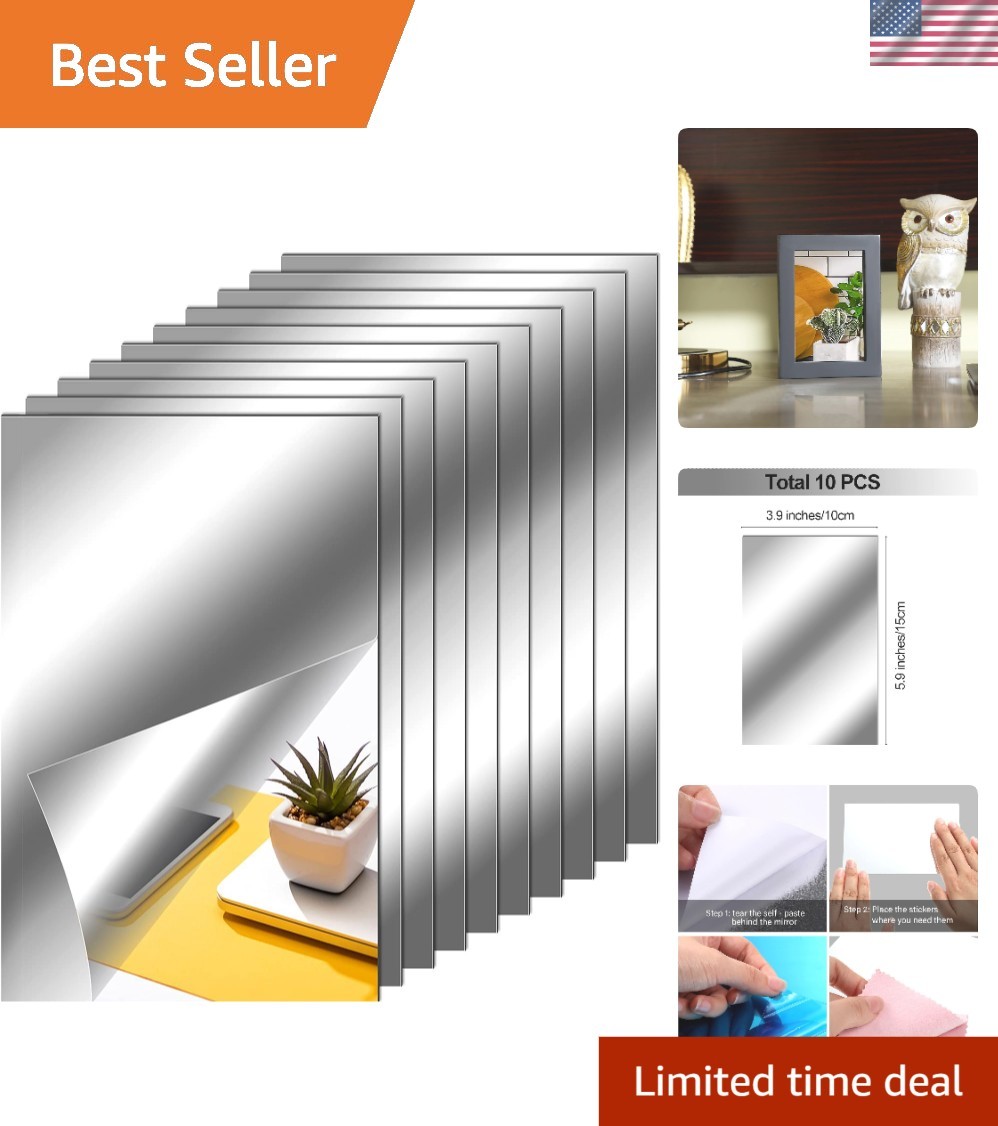 Reflective Wall Decor: 10 Adhesive Silver Mirror Stickers – 4 x 6 Inches