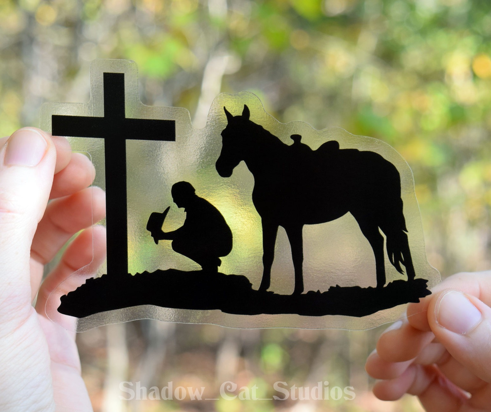 Praying Cowboy Die Cut Clear Vinyl Sticker Horse Cross Western Premium Quality