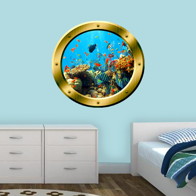 Underwater Porthole Wall Sticker 3D Window Fish Decal Peel And Stick VWAQ-GP19