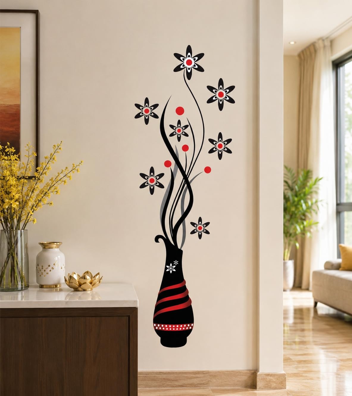 Flower Vase Wall Sticker Large Floral Wall Decal Black Red Peel Stick Home Decor