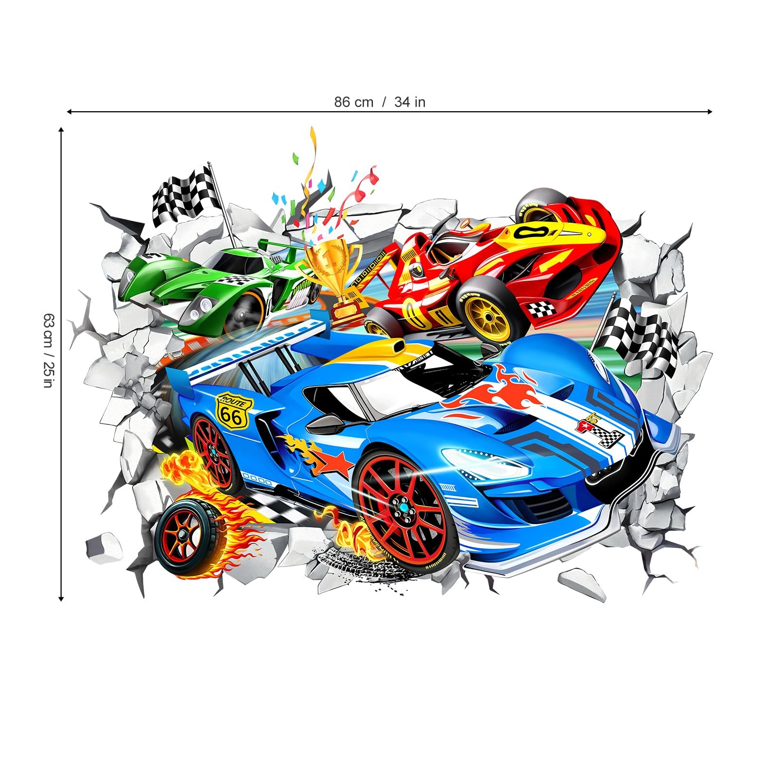 Large 3D Racing Car Wall Stickers Vehicles Break Through Peel and Stick Wall …