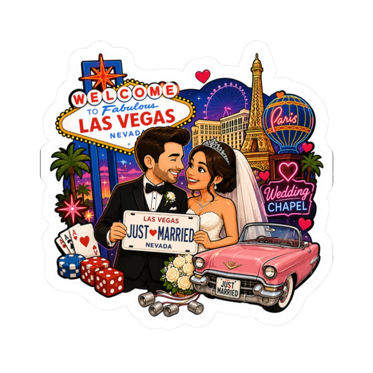Las Vegas Just Married Wedding Chapel Couple Casino Sticker | Kiss-Cut Sticker