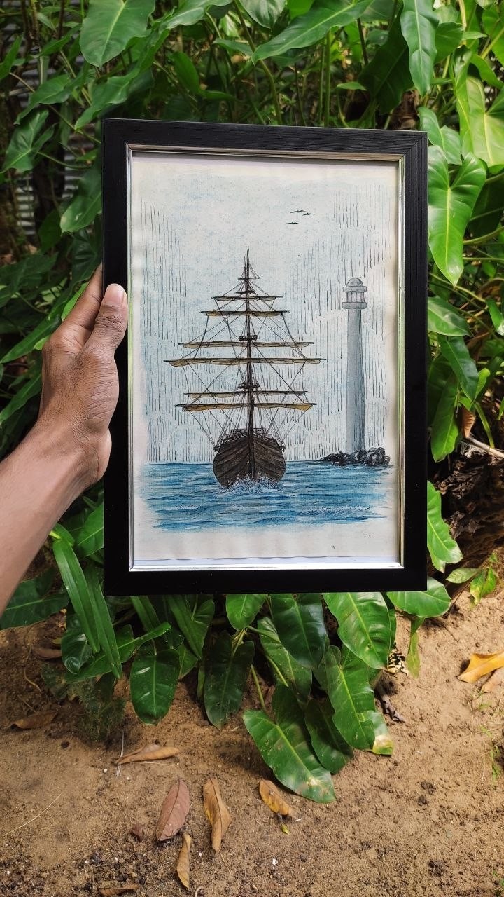 Original Watercolor Painting Ship Lighthouse Framed Nautical Wall Art Handpaint