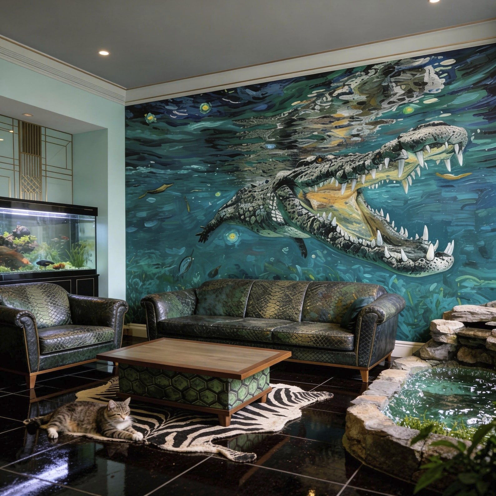 Underwater Alligator Crocodile Wall Mural, Van Gogh Starry Night Style Wallpaper