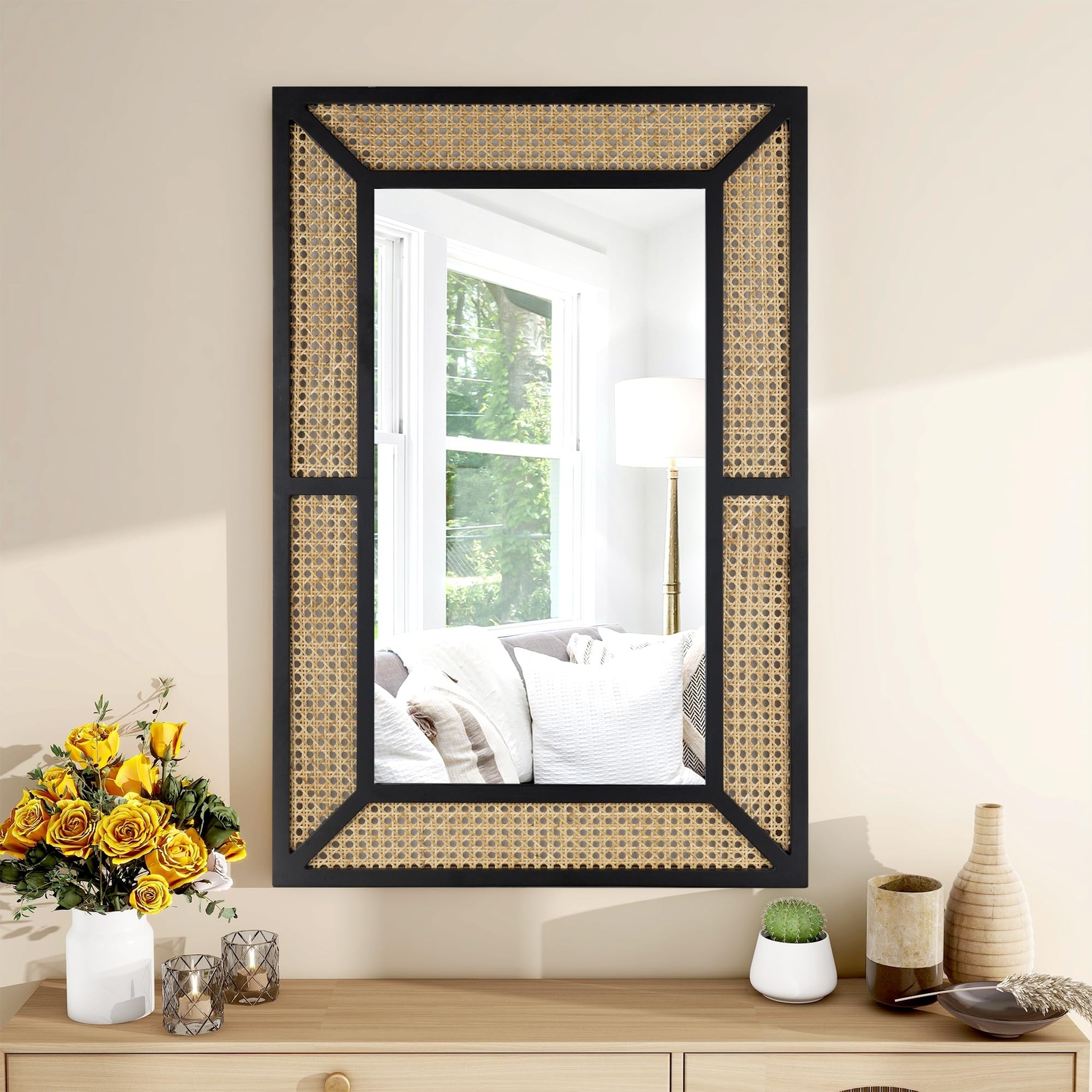 Rattan Mirror for Wall Decor Bohemian Rectangular Large Mirror, Boho Decorati…
