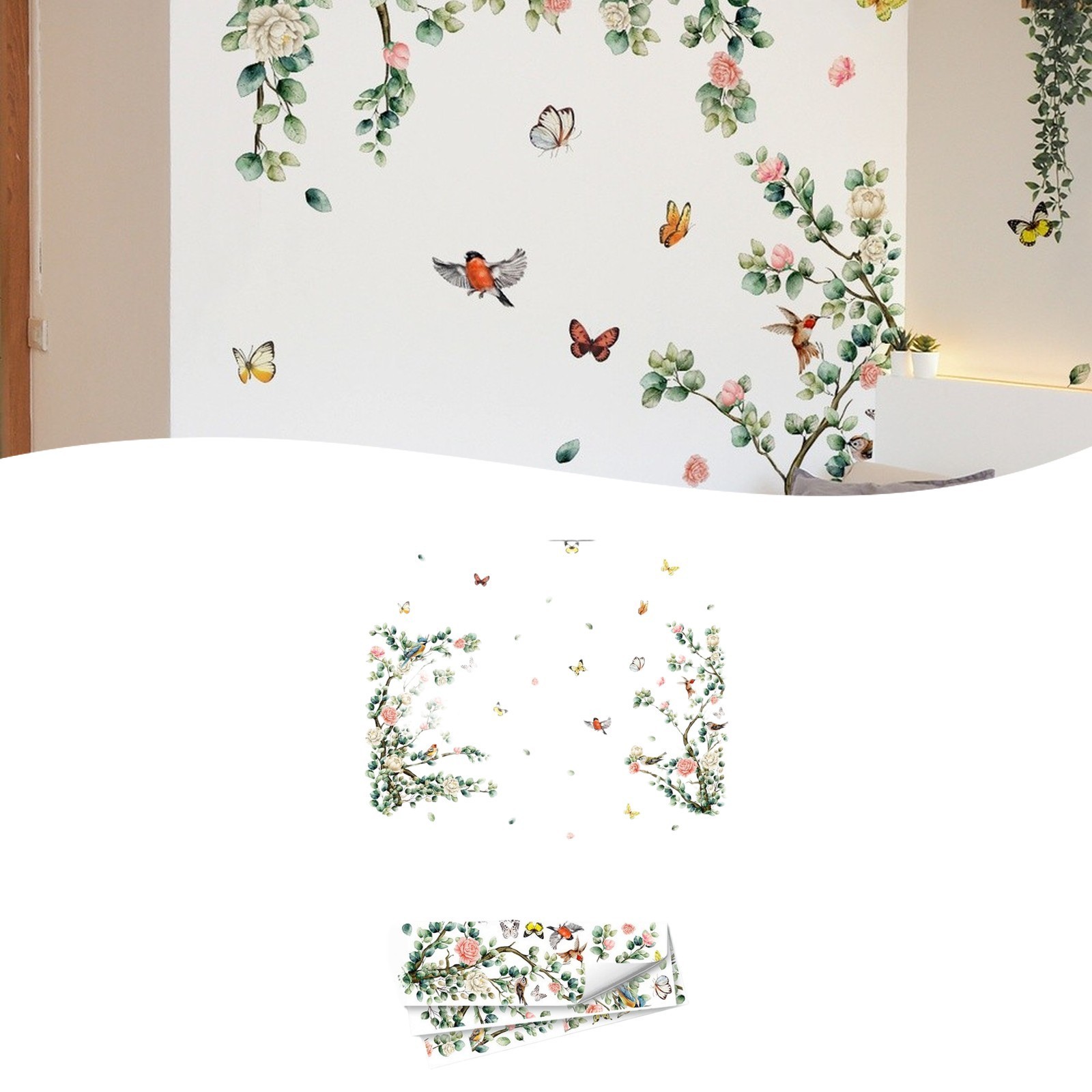 Elegant Flower Tree Branch Birds Butterflies Wall Sticker for Modern Home Decor