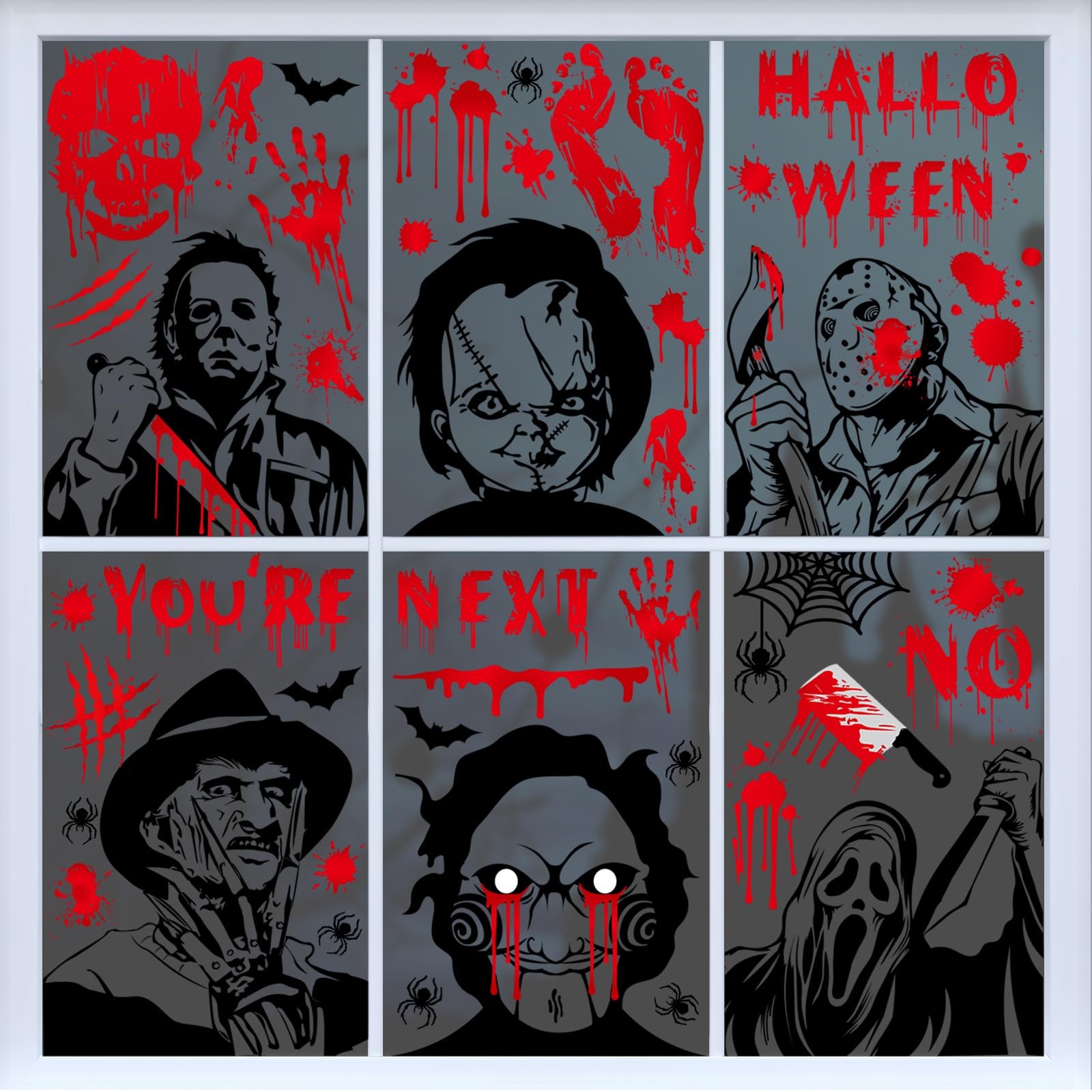 Auzesto 60Pcs Scary Halloween Decoration Window Clings, 9 Horror Characters