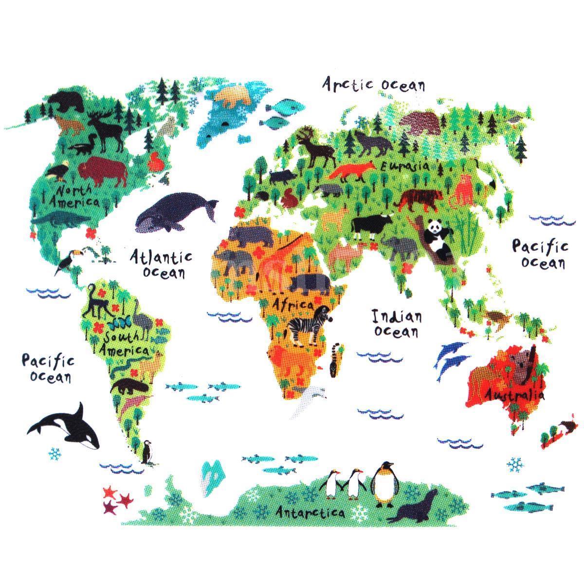 Animal World Map Removable Vinyl Wall Sticker Decal School Office Home Decor