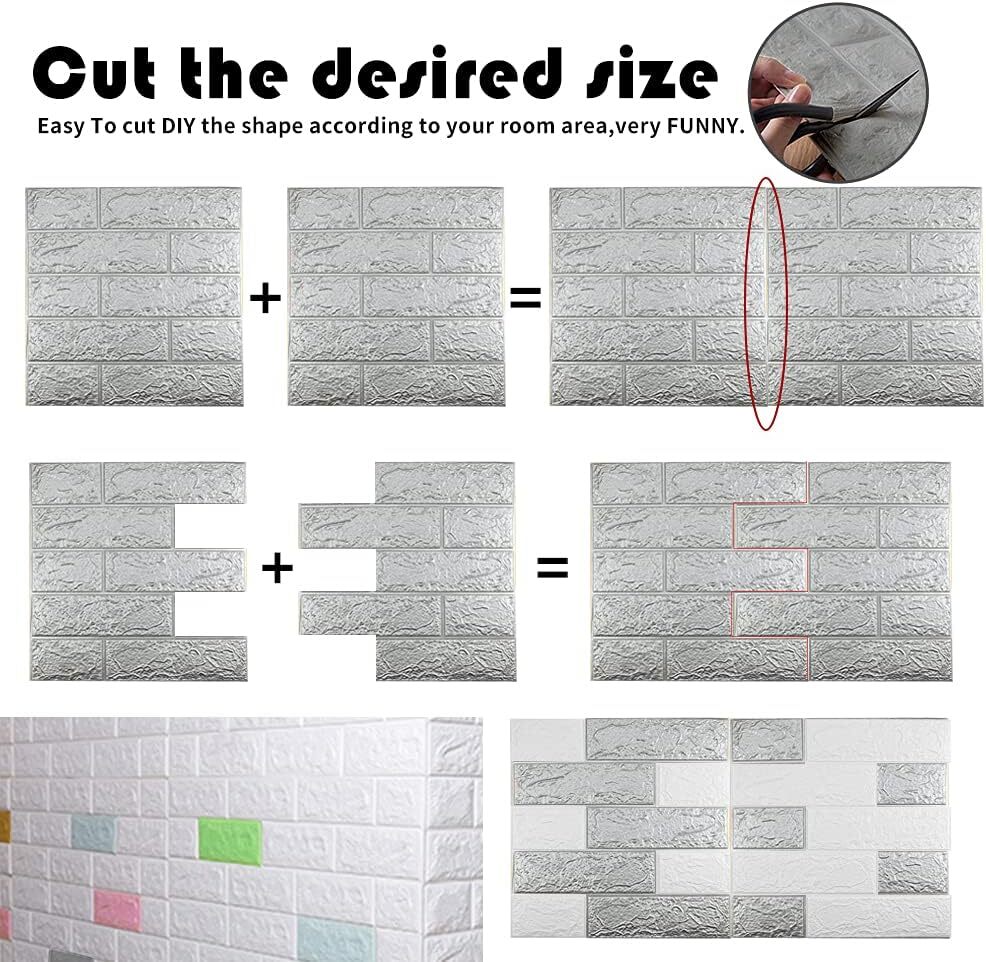 Silver 3D Tile Brick Wall Sticker Self-adhesive Foam Panel Wallpaper 14.5 SQ FT
