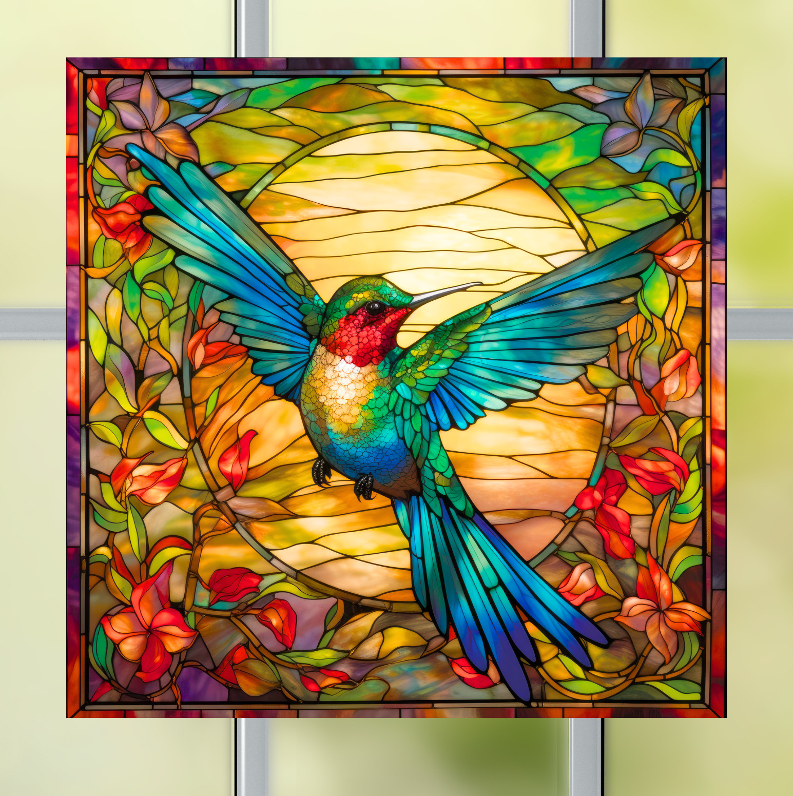Pretty Hummingbird Faux Stained Glass WINDOW CLING Size 8" Square Vinyl