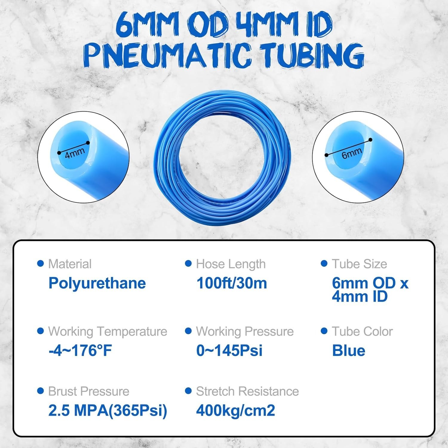 100Ft 6Mm OD 4Mm ID Polyurethane PU Air Hose Pipe Tube Kit, High Flexibility