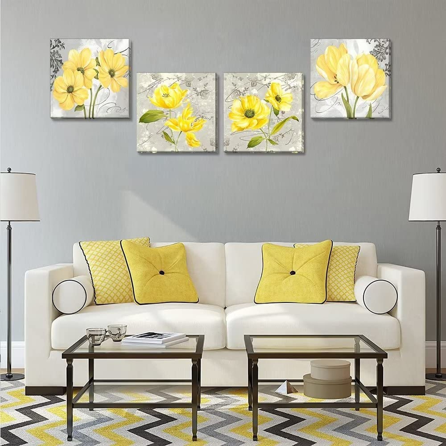 Yellow Wall Art Bedroom 4 Piece Grey Flower Pictures Kitchen Gray Floral Canv…