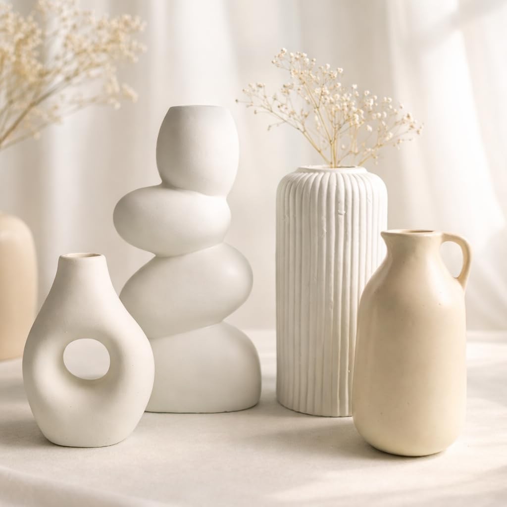 Set of 4 Ceramic Vases for Home Decor | White & Beige Modern Minimalist Vase Set